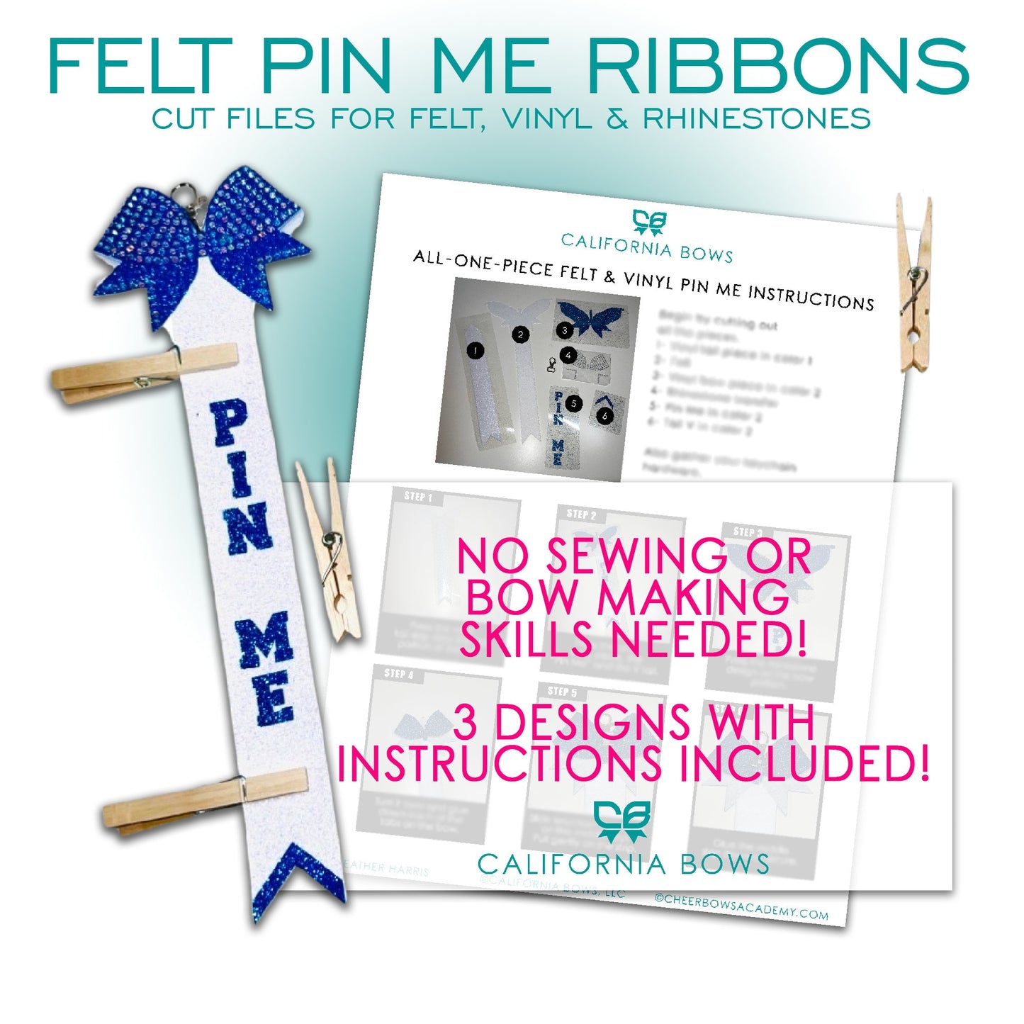 PIN ME Kit Cheer Bow Felt, Vinyl & Rhinestone Cut Files DOWNLOAD